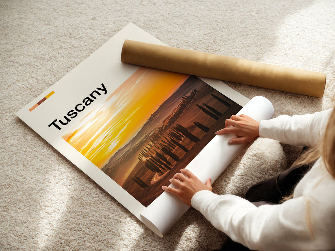 Tuscany Cypress Trees At Sunset Travel Print being unrolled from its postal tube