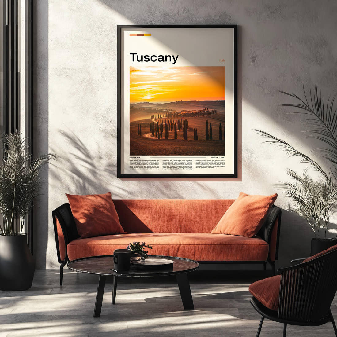 Tuscany Cypress Trees At Sunset Travel Print framed on the wall of a modern living room