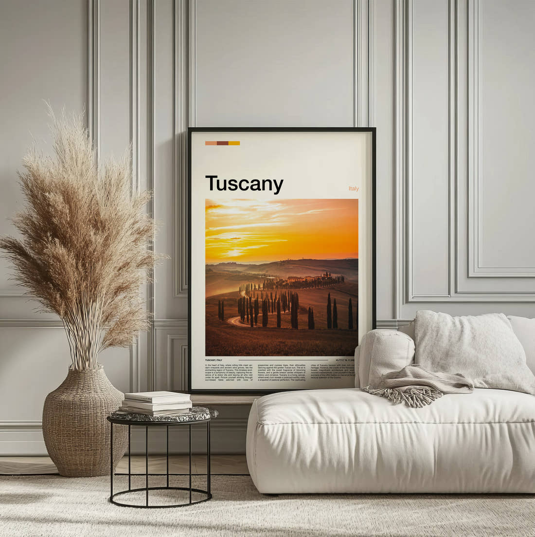 Tuscany Cypress Trees At Sunset Travel Print framed on the wall of a calm, neutral bedroom
