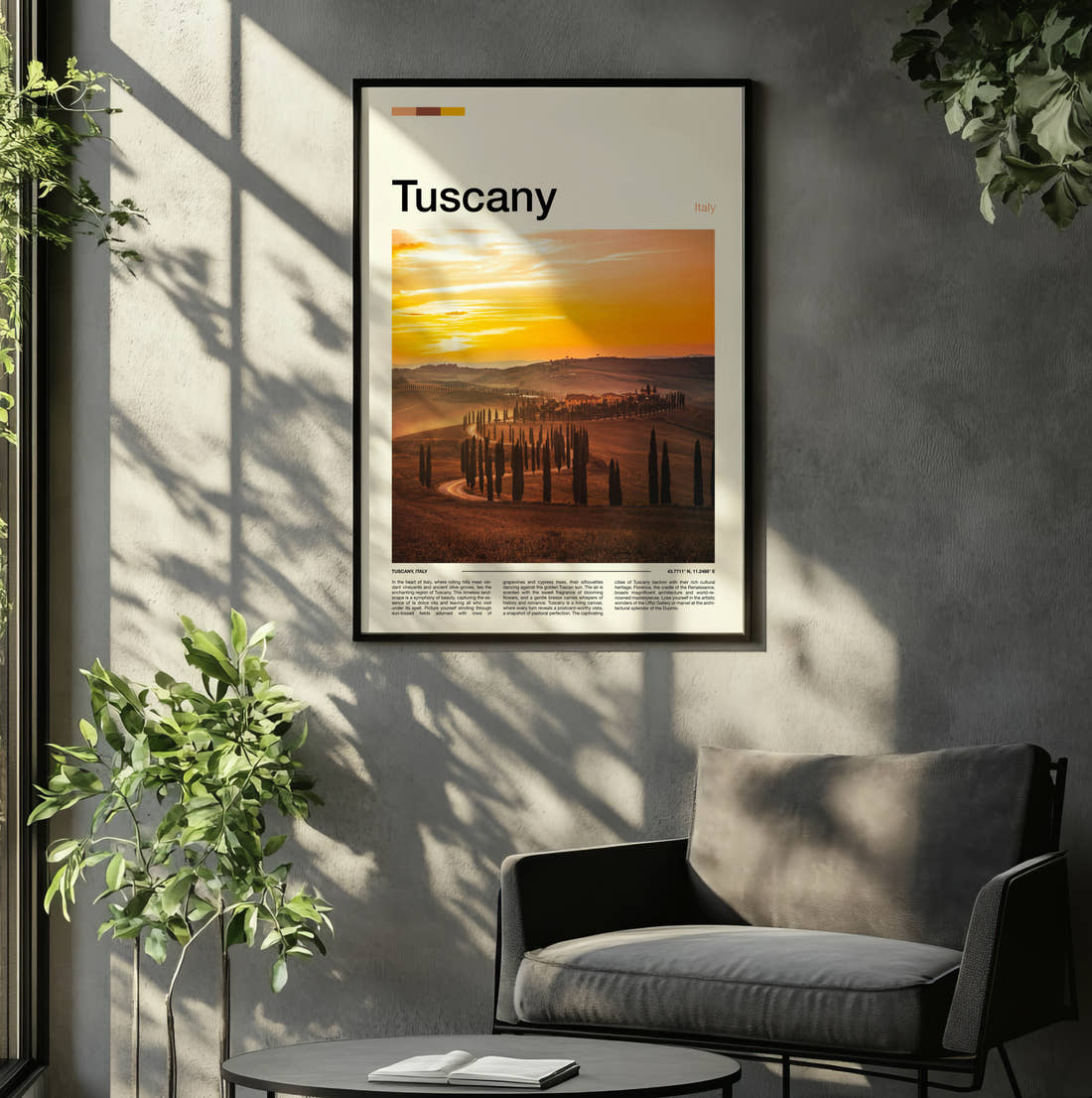 Tuscany Cypress Trees At Sunset Travel Print framed on the wall of a relaxed living room