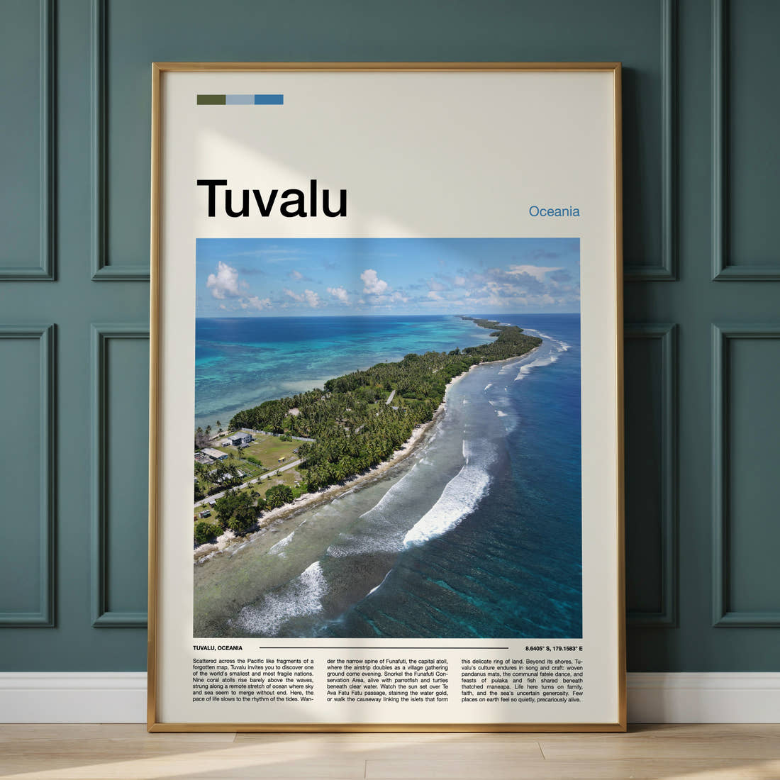 Tuvalu Aerial Atoll View Travel Print framed on the wall of a calm, neutral bedroom