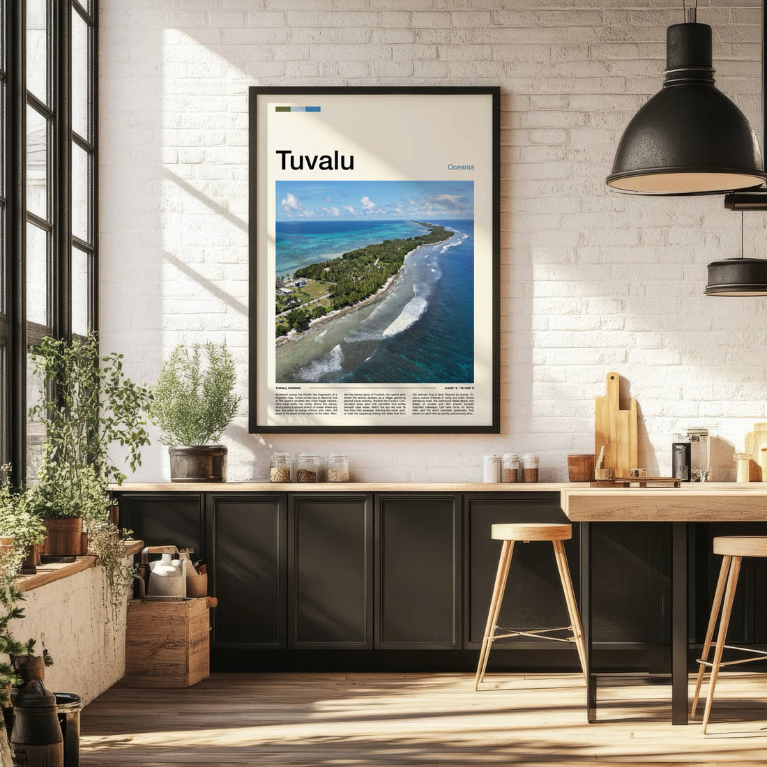 Tuvalu Aerial Atoll View Travel Print framed on the wall of a bright kitchen and dining space