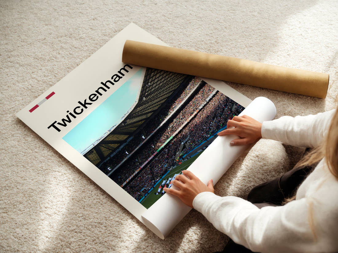 Twickenham Stadium Print being unrolled from its postal tube