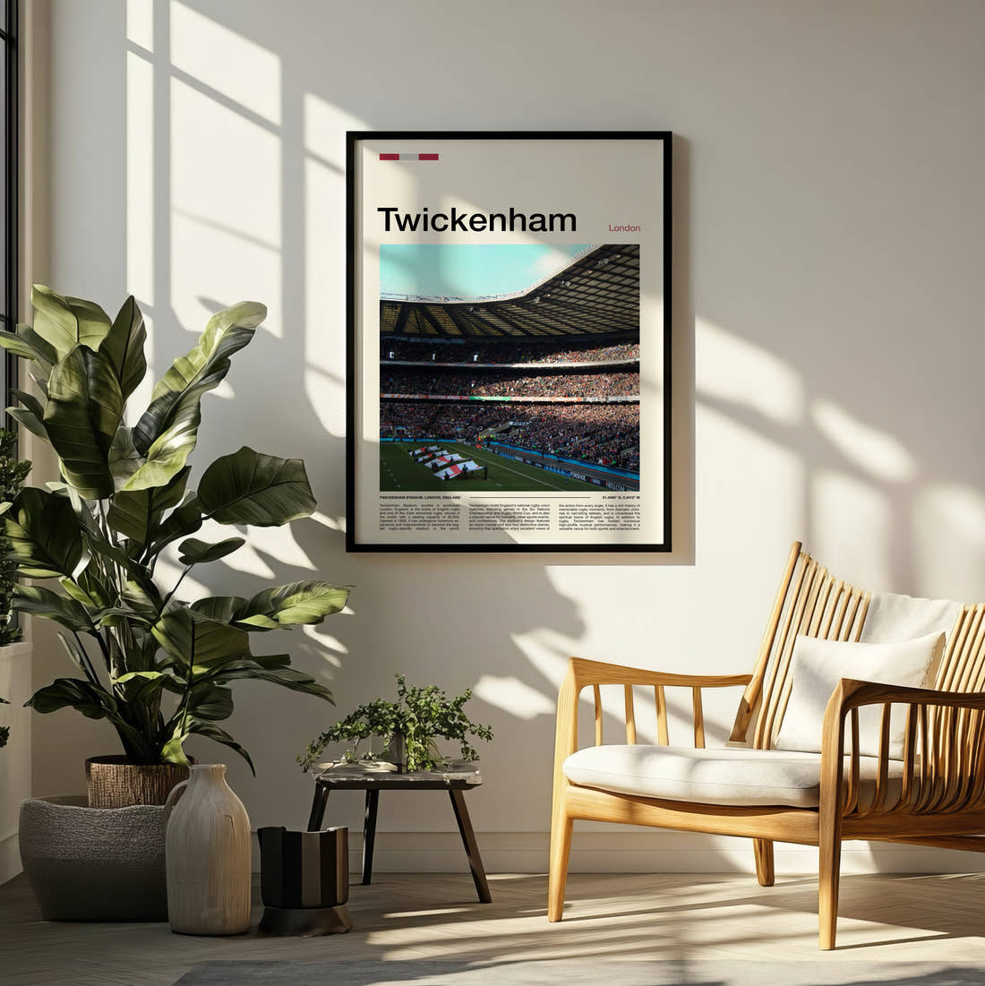 Twickenham Stadium Print framed on a pale wall beside houseplants