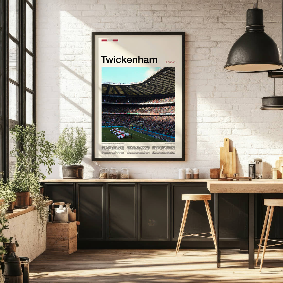Twickenham Stadium Print framed on the wall of a bright kitchen and dining space