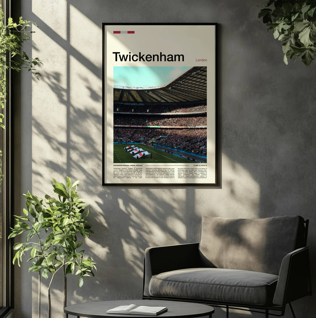 Twickenham Stadium Print framed on the wall of a relaxed living room