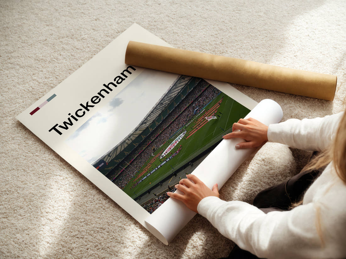 Twickenham Stadium Print being unrolled from its postal tube