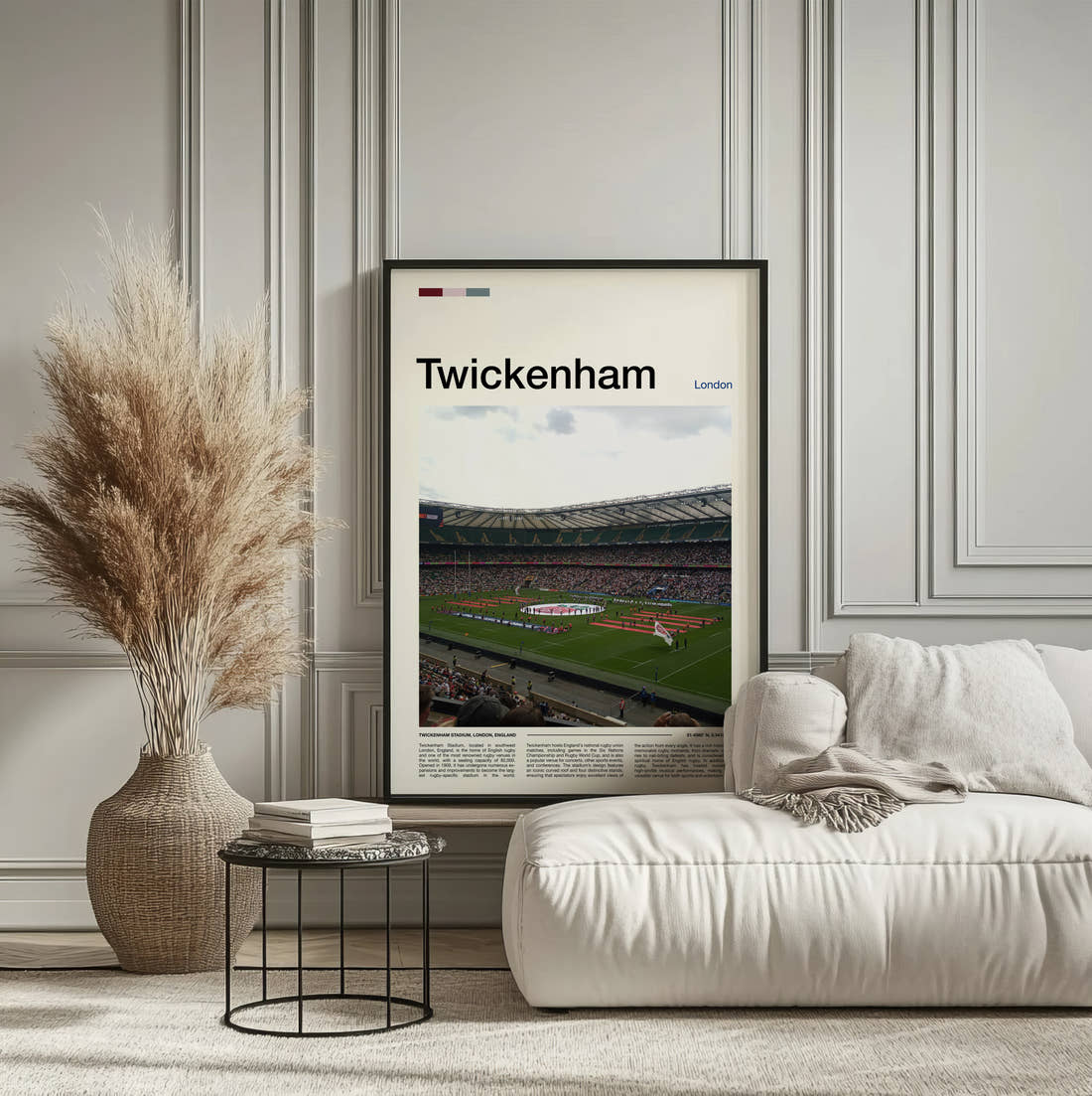 Twickenham Stadium Print framed on the wall of a calm, neutral bedroom