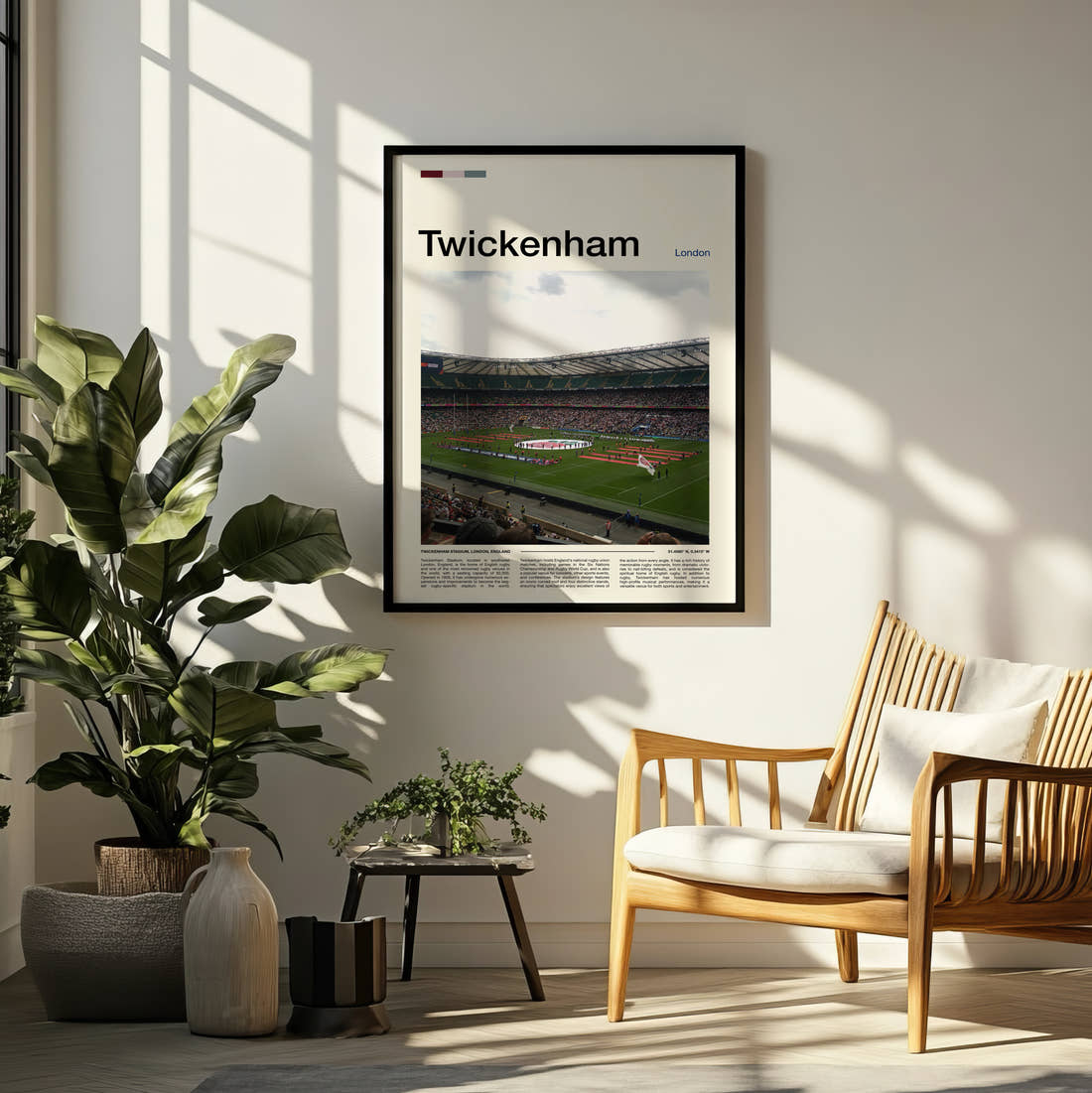 Twickenham Stadium Print framed on a pale wall beside houseplants