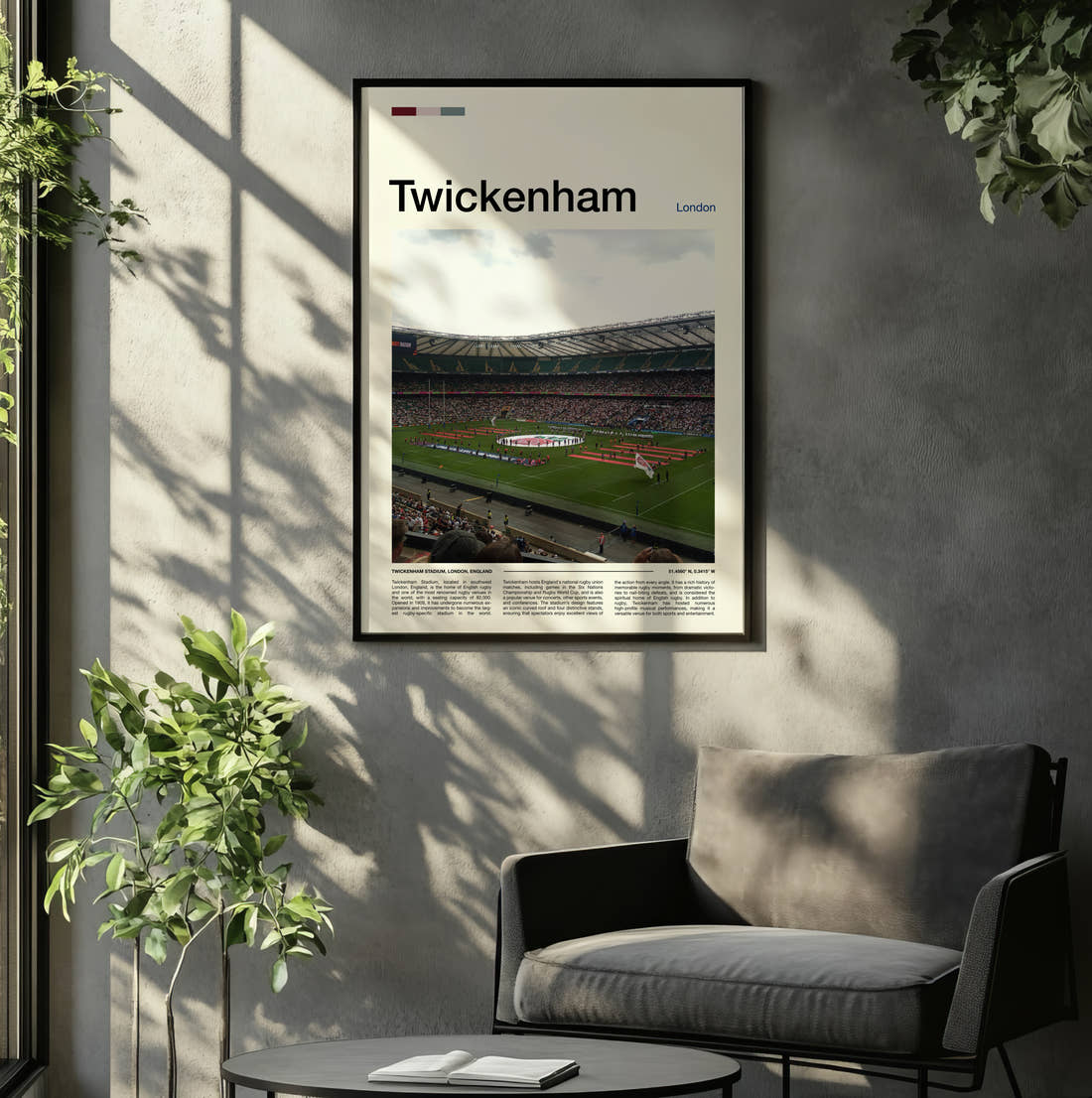Twickenham Stadium Print framed on the wall of a relaxed living room