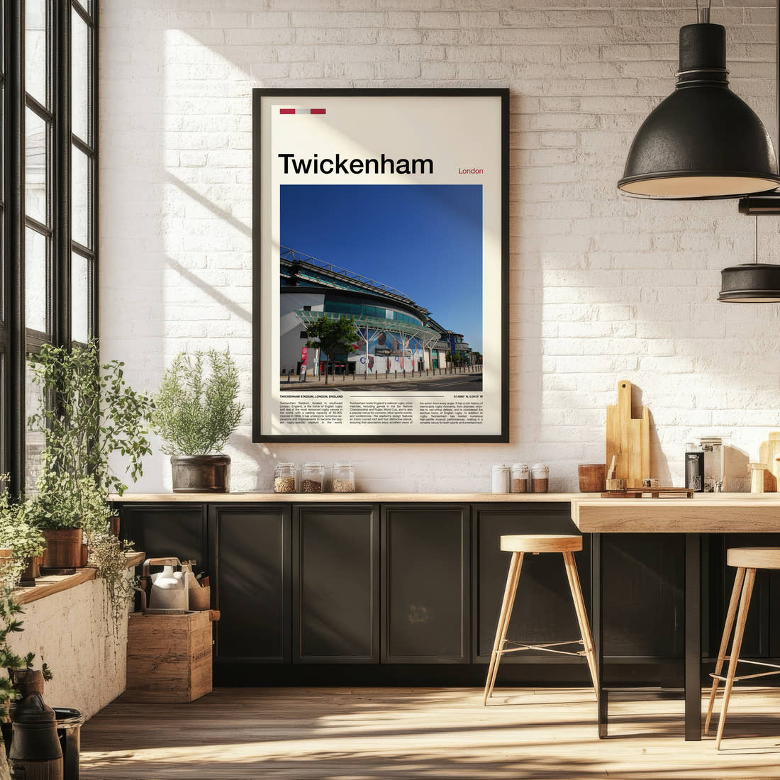 Twickenham Stadium Print framed on the wall of a bright kitchen and dining space