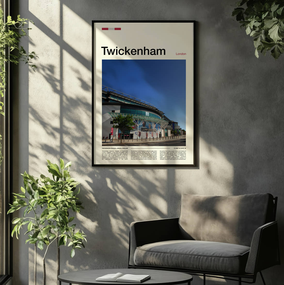 Twickenham Stadium Print framed on the wall of a relaxed living room
