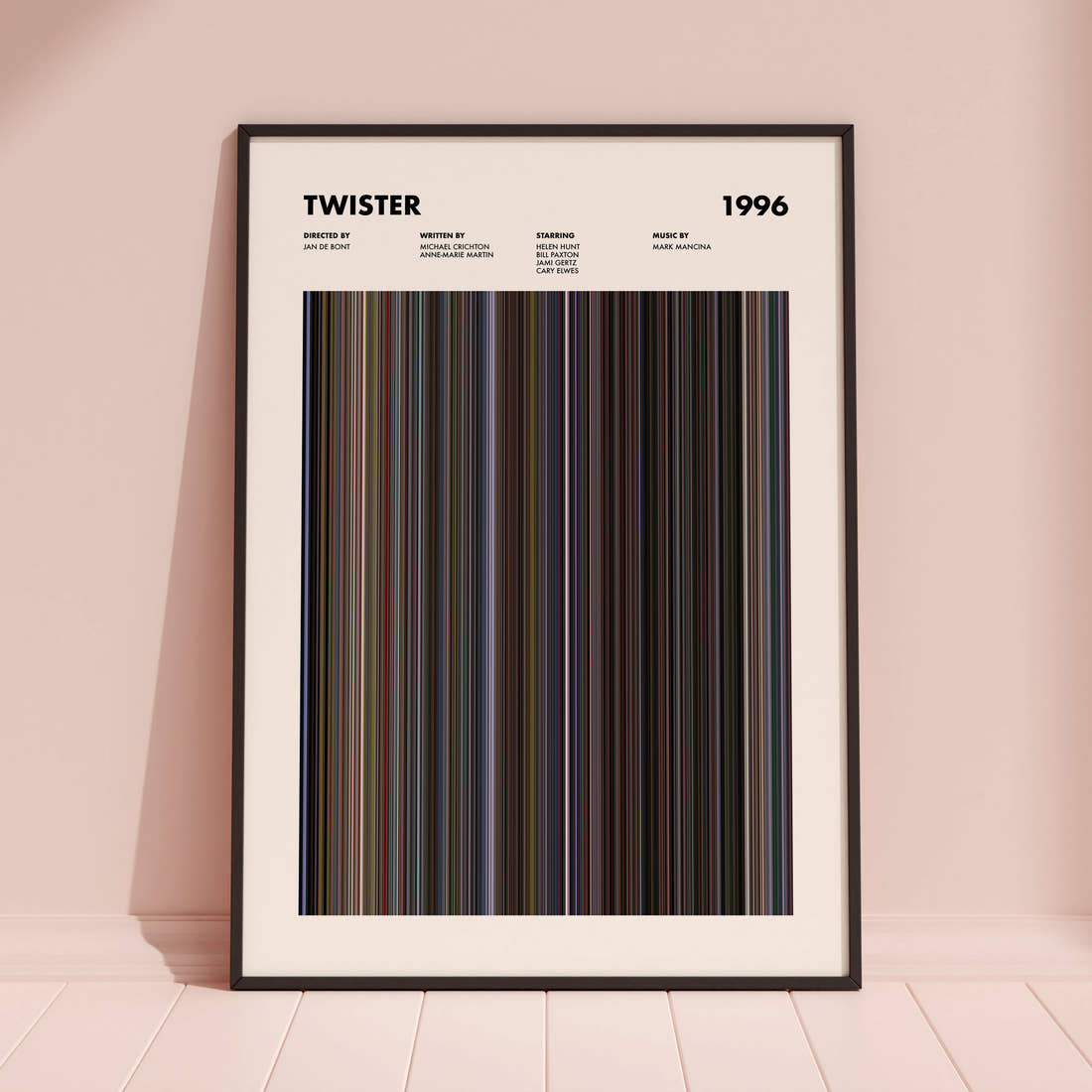 Twister Movie Barcode Poster framed and leaning against a coloured wall