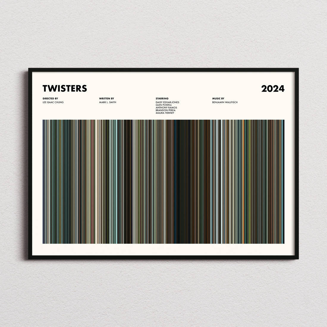 Twisters Movie Barcode Poster framed and photographed straight on