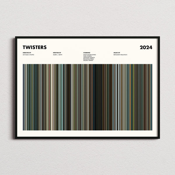 Twisters Movie Barcode Poster framed and photographed straight on