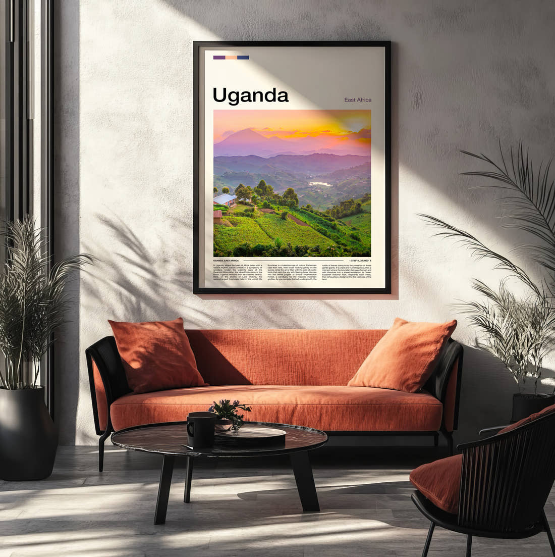 Uganda Green Hills At Sunset Travel Print framed on the wall of a modern living room