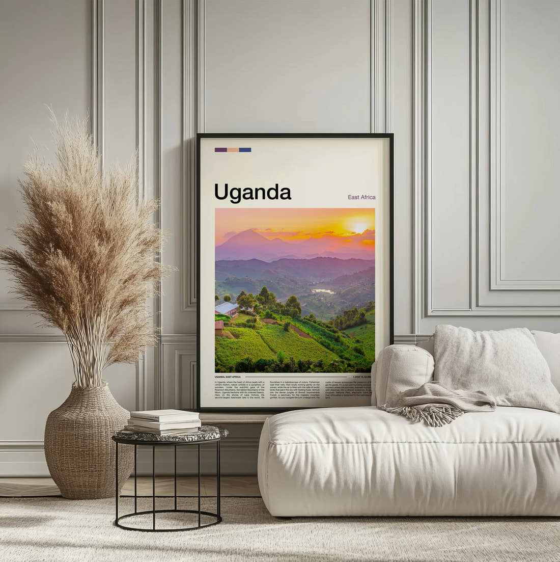 Uganda Green Hills At Sunset Travel Print framed on the wall of a calm, neutral bedroom