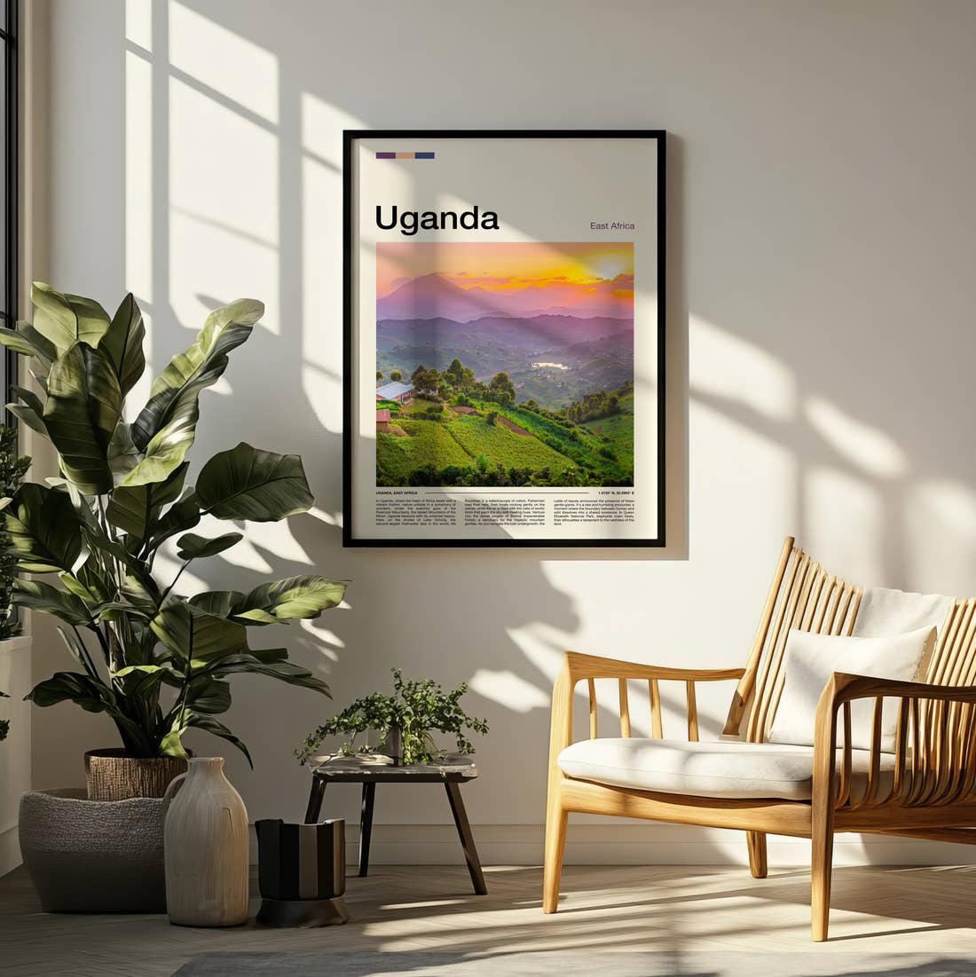 Uganda Green Hills At Sunset Travel Print framed on a pale wall beside houseplants