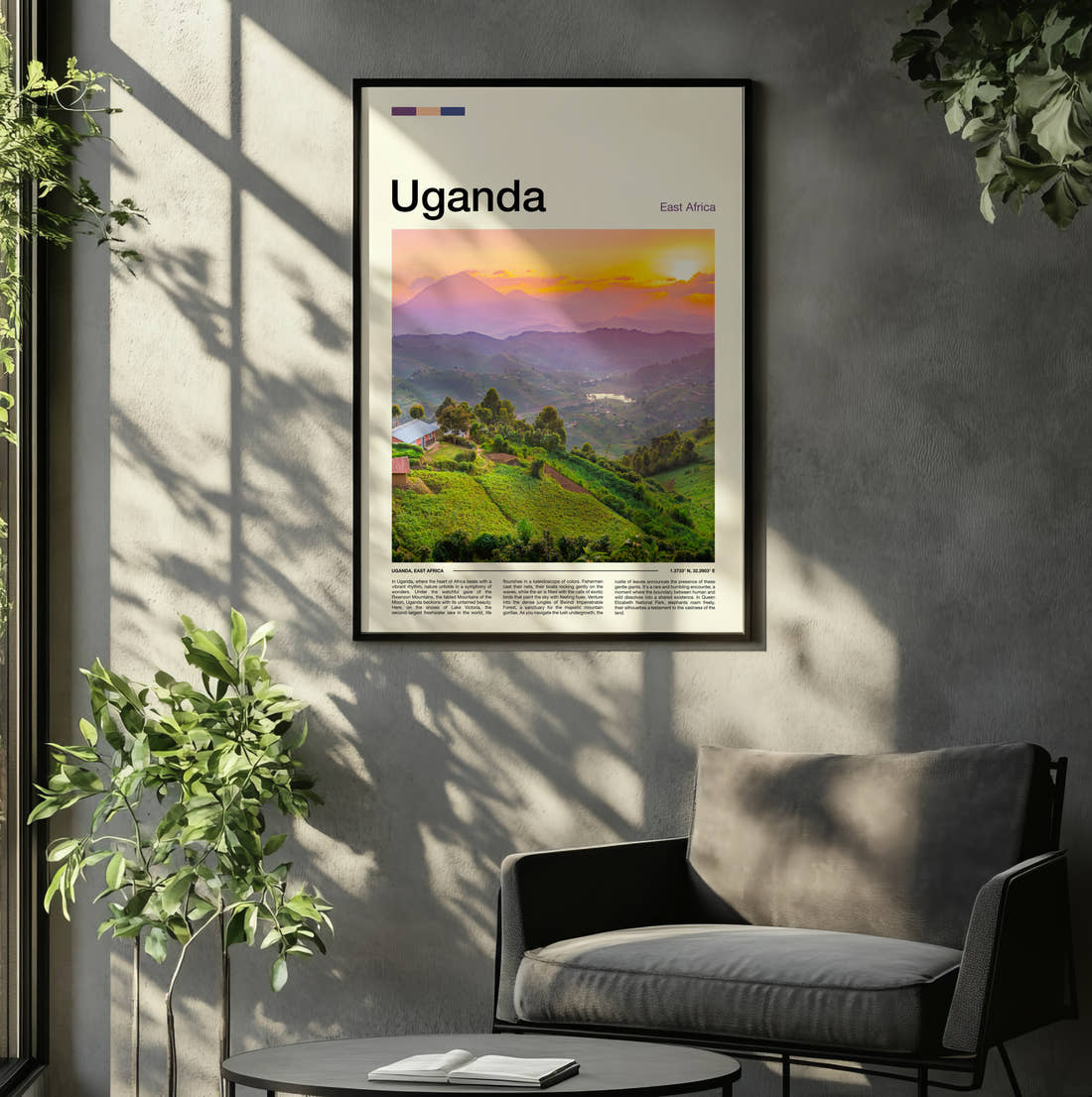 Uganda Green Hills At Sunset Travel Print framed on the wall of a relaxed living room