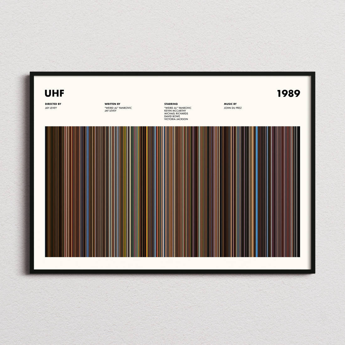 UHF Movie Barcode Poster framed and photographed straight on