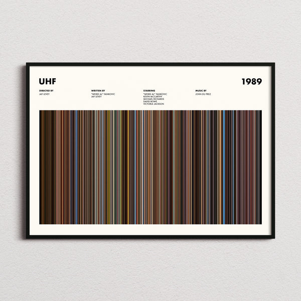 UHF Movie Barcode Poster framed and photographed straight on