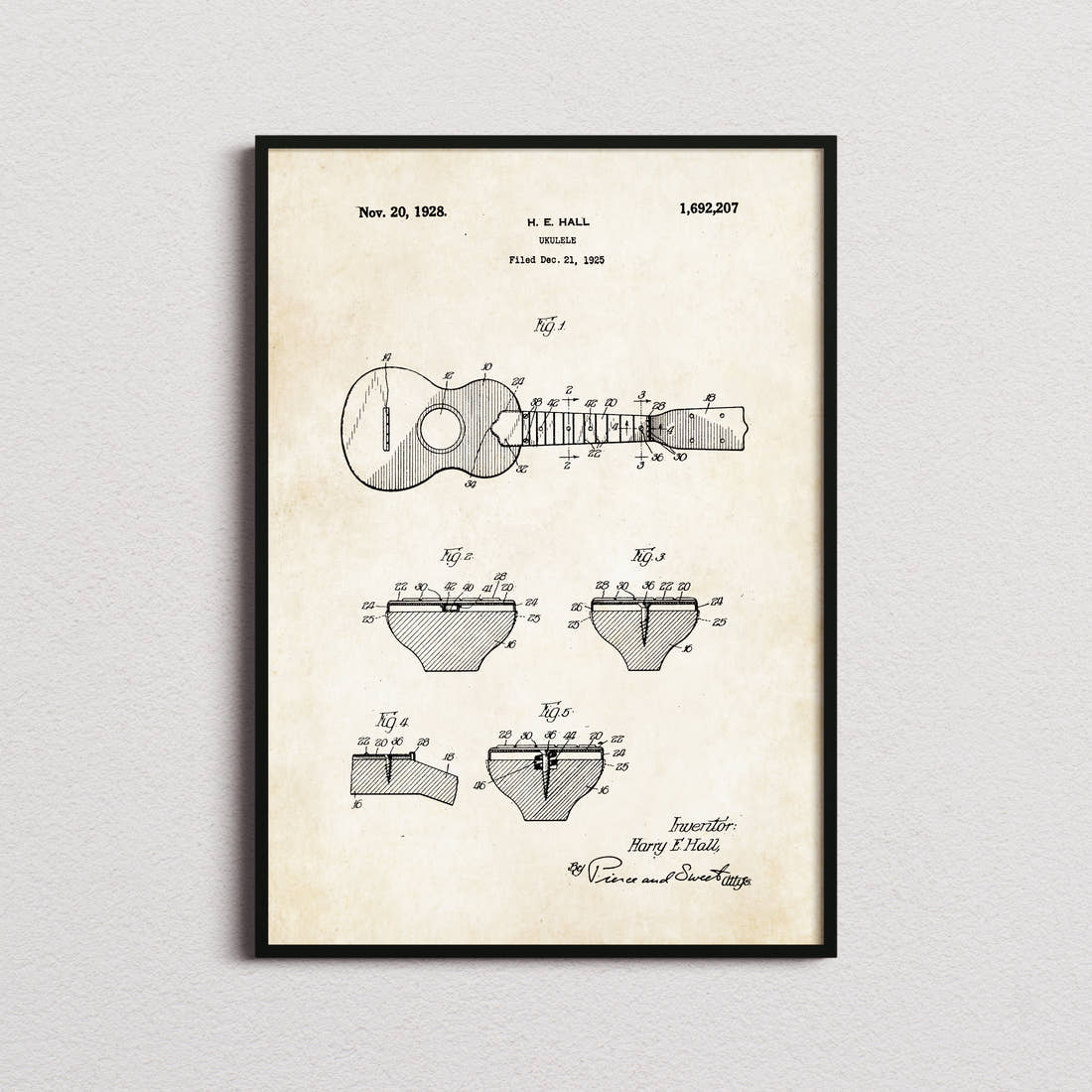 Ukelele Patent Print in the aged paper colourway, framed