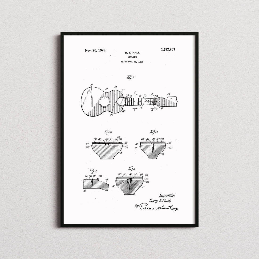 Ukelele Patent Print in the white colourway, framed