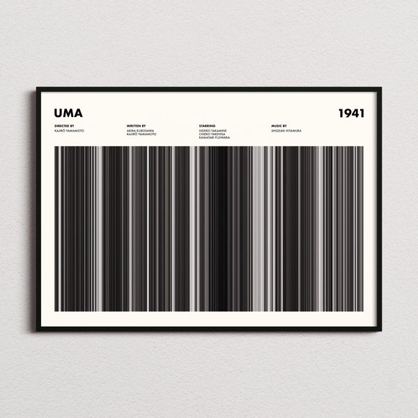 Uma Movie Barcode Poster framed and photographed straight on