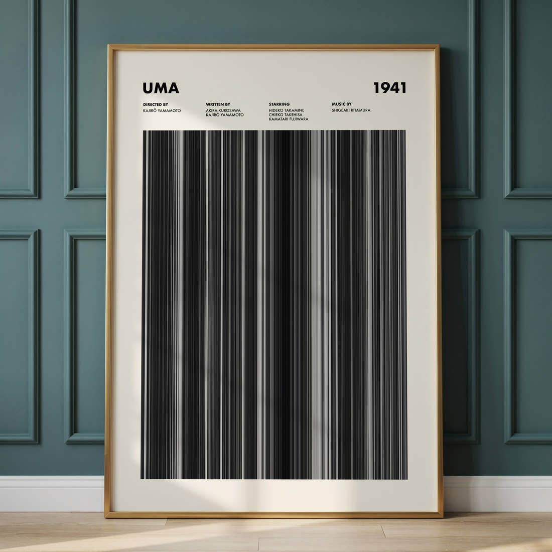 Uma Movie Barcode Poster framed and leaning against a panelled wall