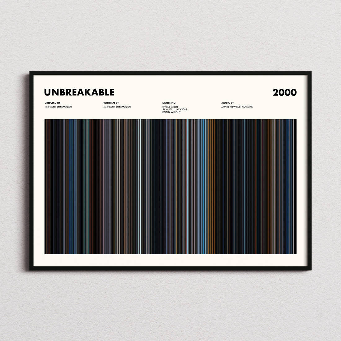 Unbreakable Movie Barcode Poster framed and photographed straight on