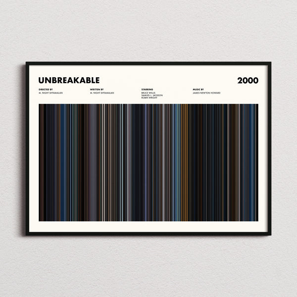 Unbreakable Movie Barcode Poster framed and photographed straight on