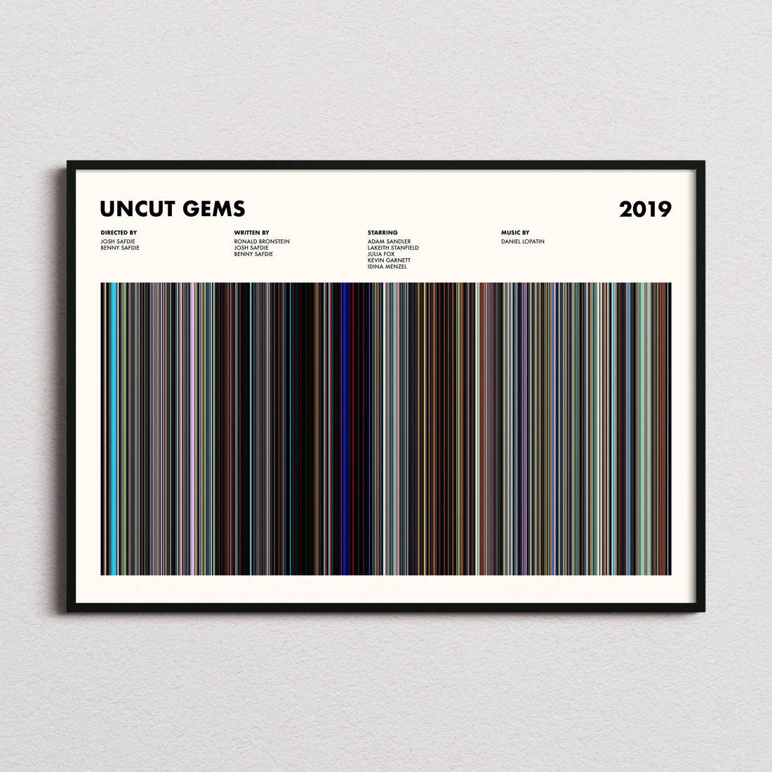 Uncut Gems Movie Barcode Poster framed and photographed straight on