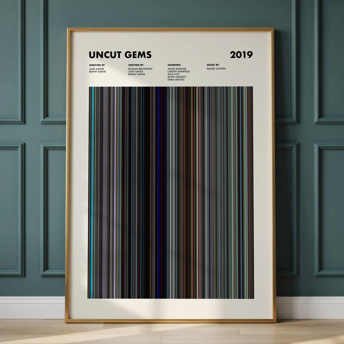 Uncut Gems Movie Barcode Poster framed and leaning against a panelled wall