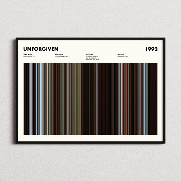 Unforgiven Movie Barcode Poster framed and photographed straight on