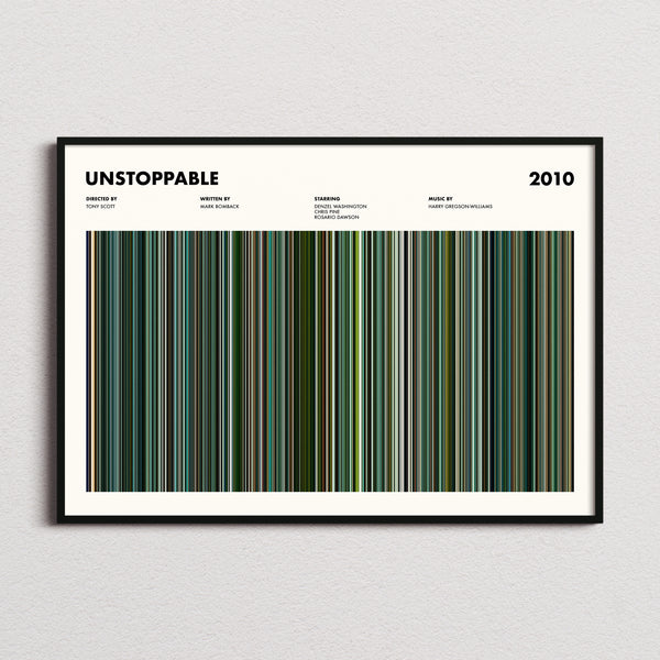 Unstoppable Movie Barcode Poster framed and photographed straight on