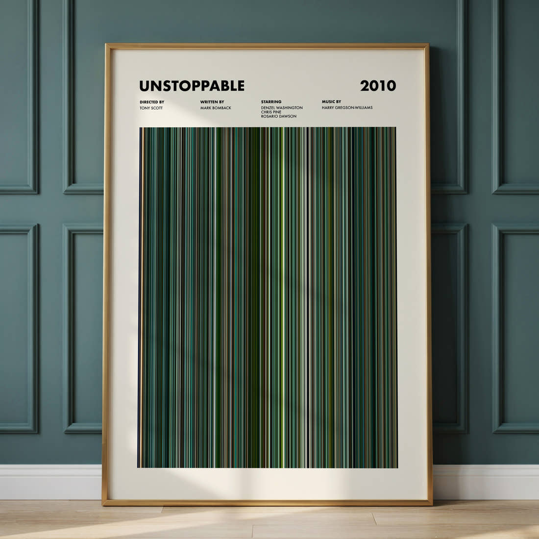 Unstoppable Movie Barcode Poster framed and leaning against a panelled wall
