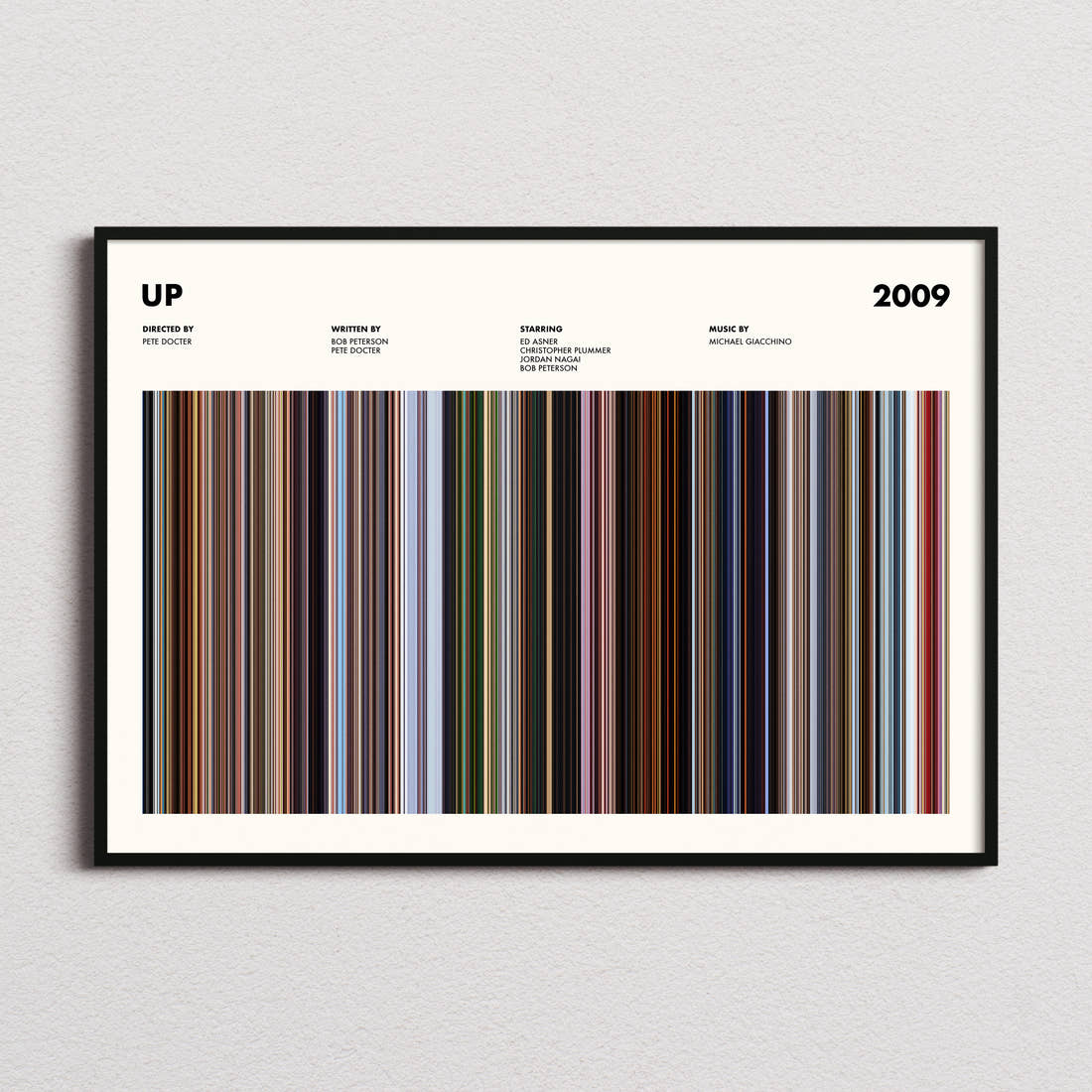 Up Movie Barcode Poster framed and photographed straight on