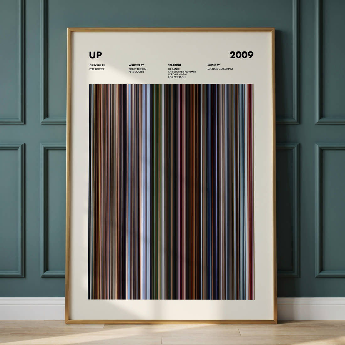 Up Movie Barcode Poster framed and leaning against a panelled wall