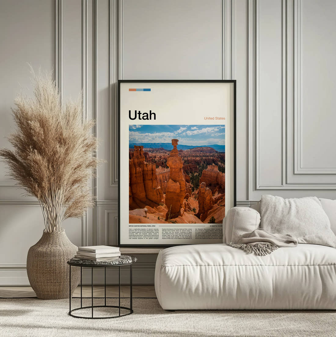 Utah Thors Hammer Travel Print framed on the wall of a calm, neutral bedroom
