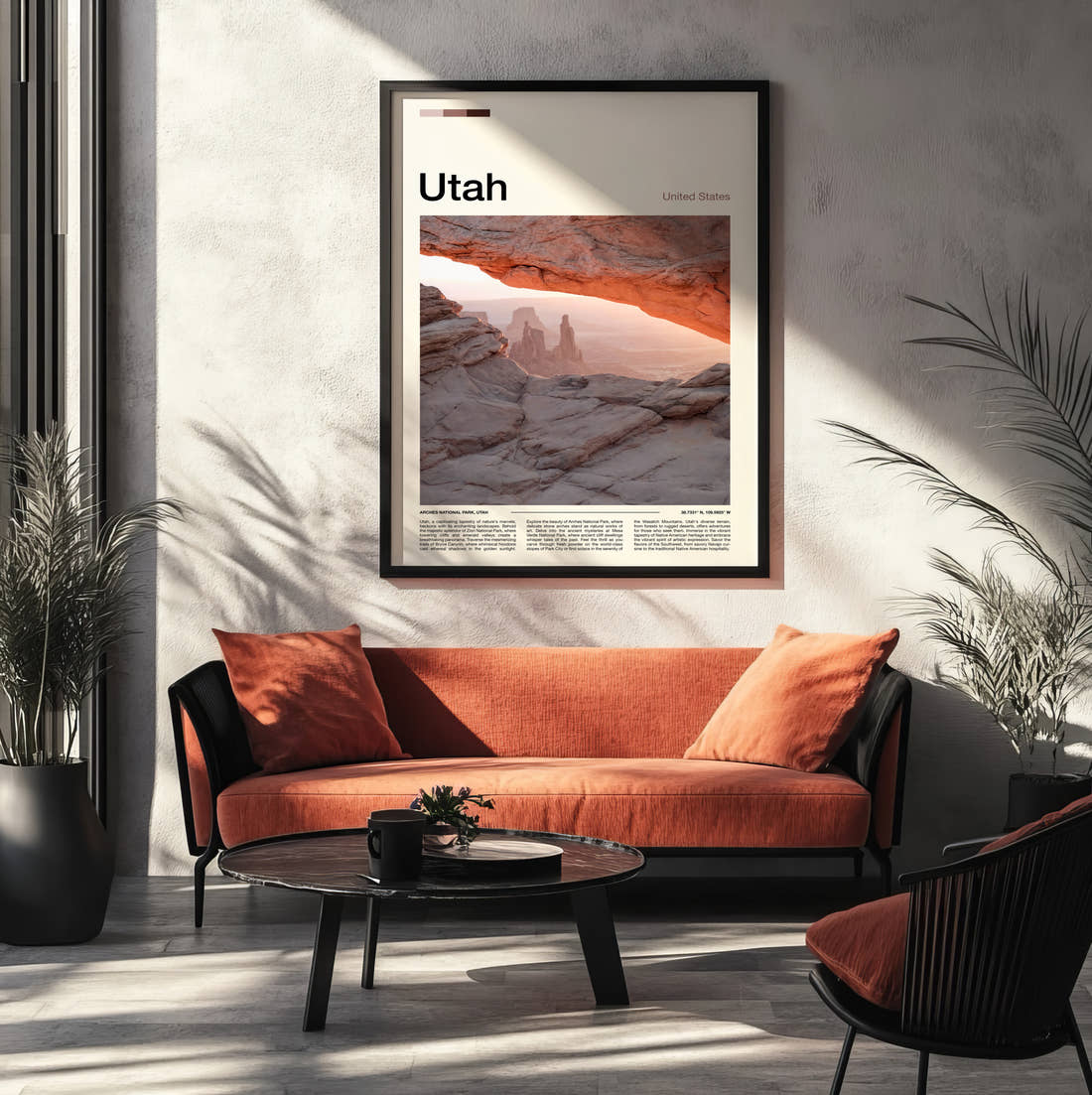 Utah Mesa Arch At Sunrise Travel Print framed on the wall of a modern living room