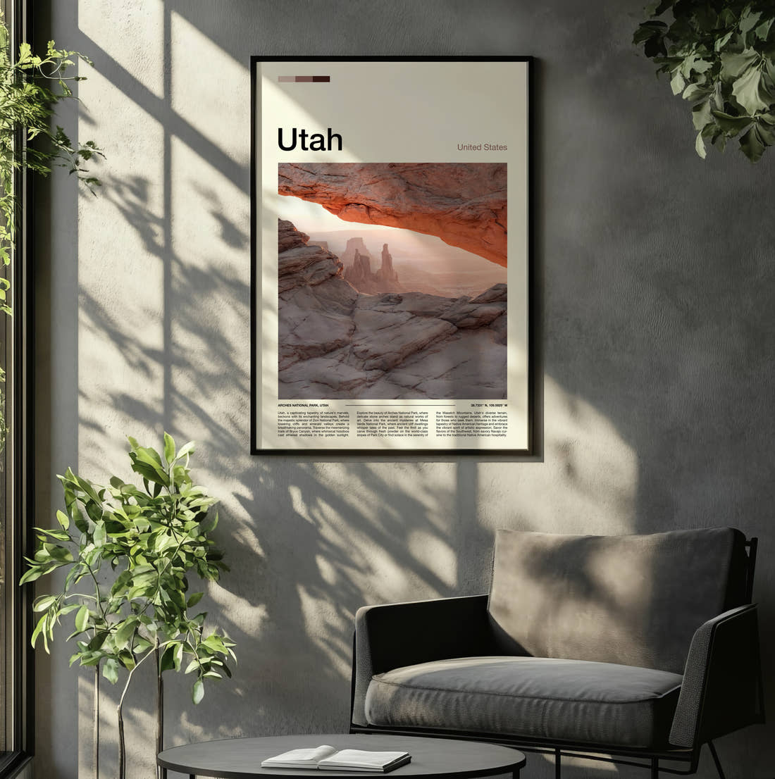 Utah Mesa Arch At Sunrise Travel Print framed on the wall of a relaxed living room