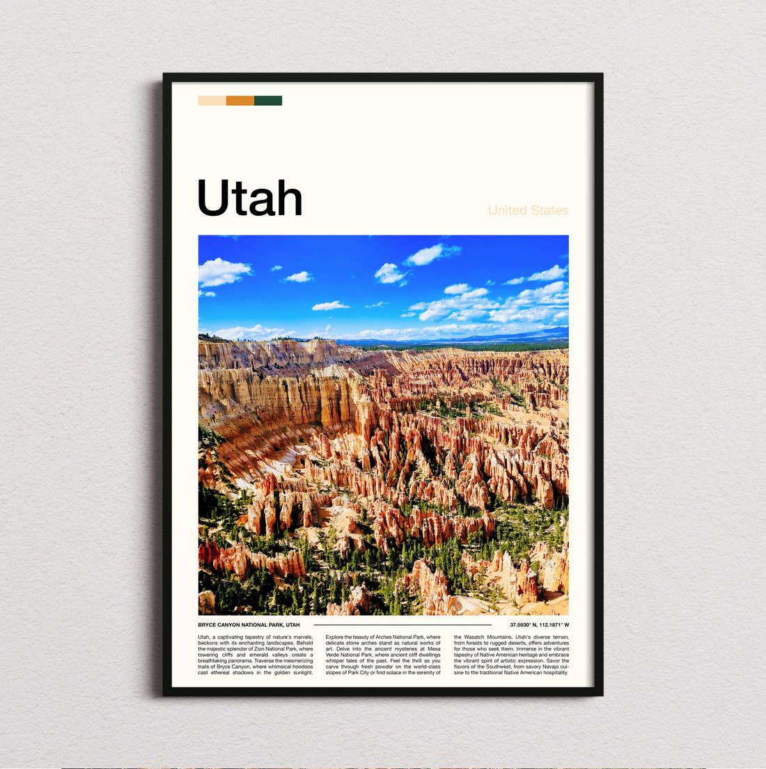 Utah Canyon Hoodoos Under Blue Skies Travel Print framed and photographed straight on