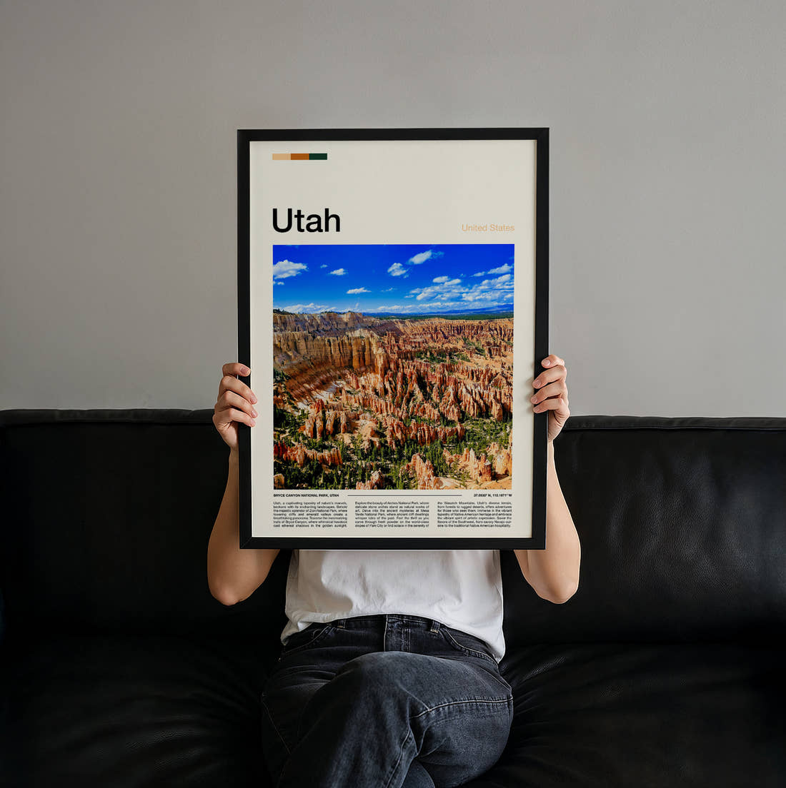 Utah Canyon Hoodoos Under Blue Skies Travel Print held up by hand to show the size of the print