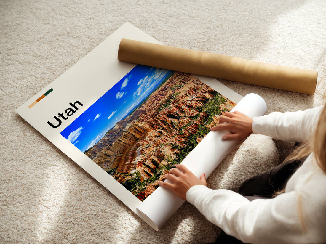 Utah Canyon Hoodoos Under Blue Skies Travel Print being unrolled from its postal tube