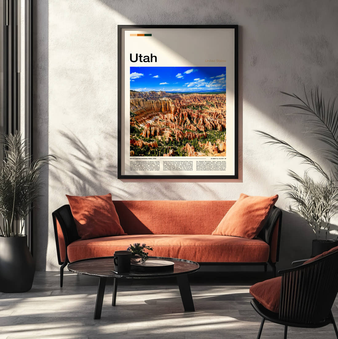Utah Canyon Hoodoos Under Blue Skies Travel Print framed on the wall of a modern living room