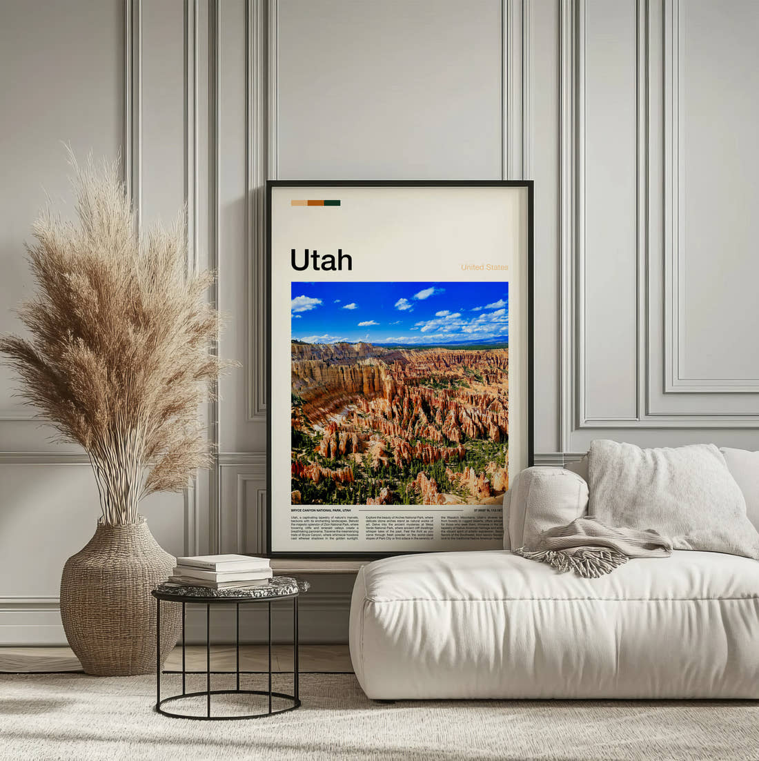 Utah Canyon Hoodoos Under Blue Skies Travel Print framed on the wall of a calm, neutral bedroom