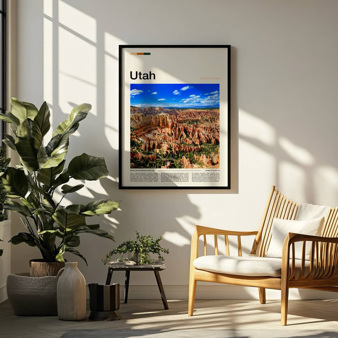 Utah Canyon Hoodoos Under Blue Skies Travel Print framed on a pale wall beside houseplants