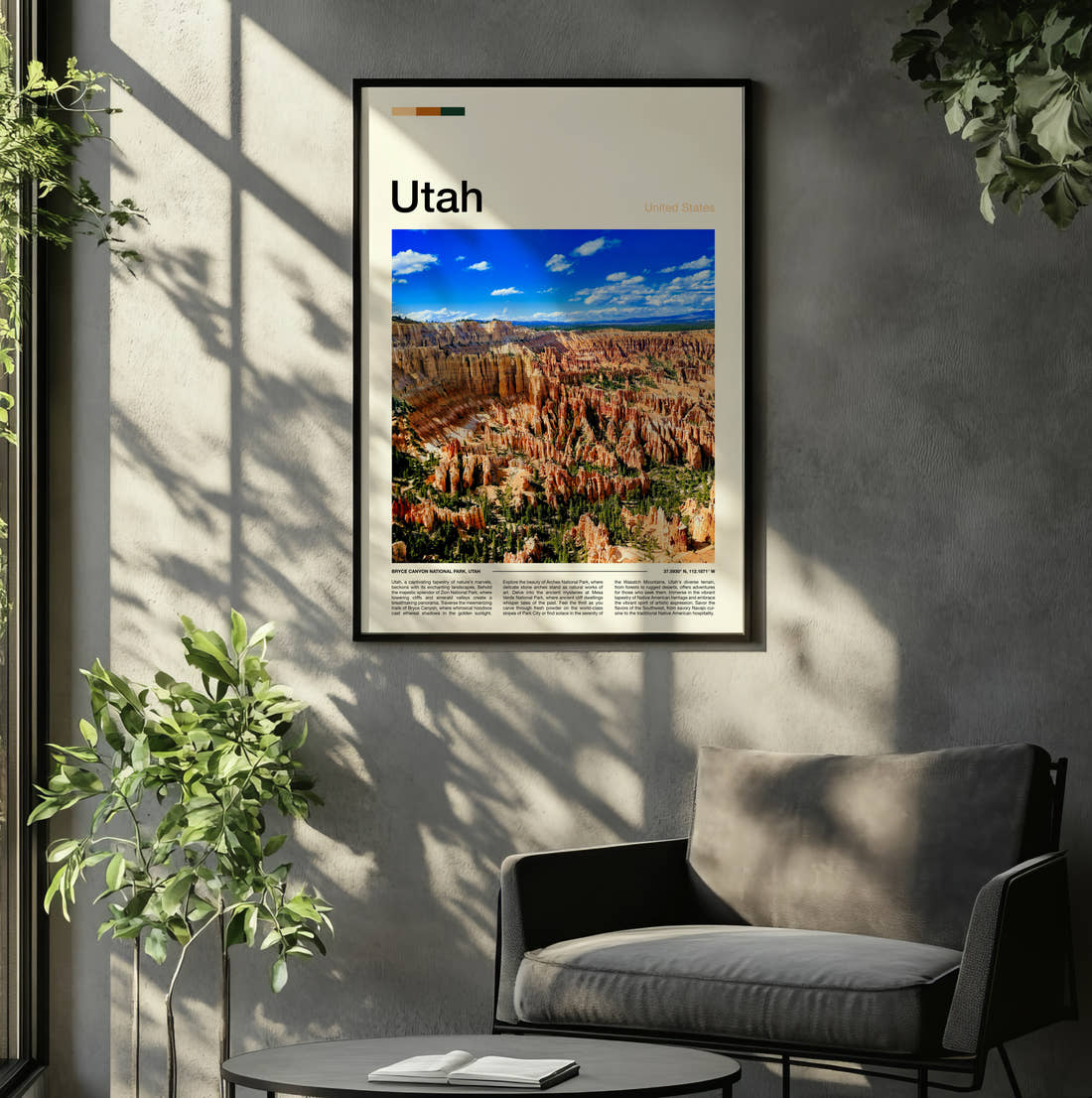 Utah Canyon Hoodoos Under Blue Skies Travel Print framed on the wall of a relaxed living room