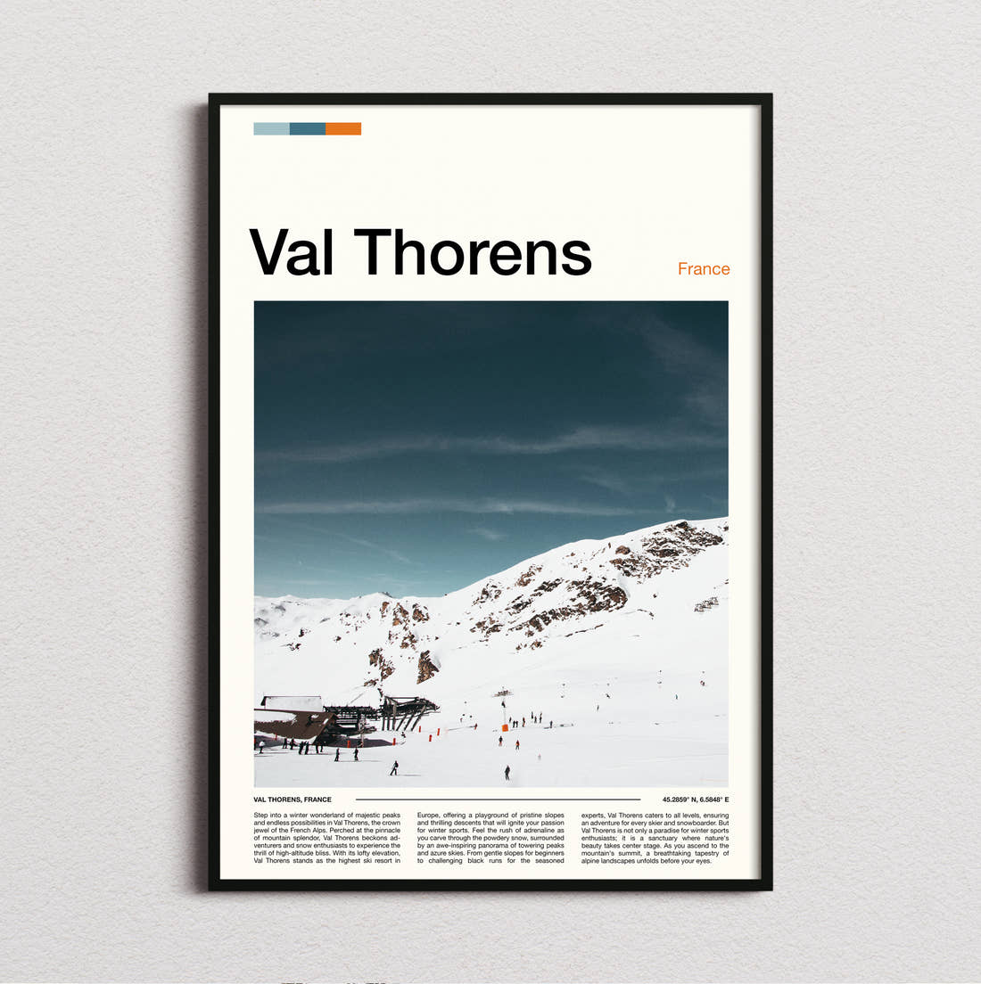Val Thorens Skiers On The Piste Travel Print framed and photographed straight on