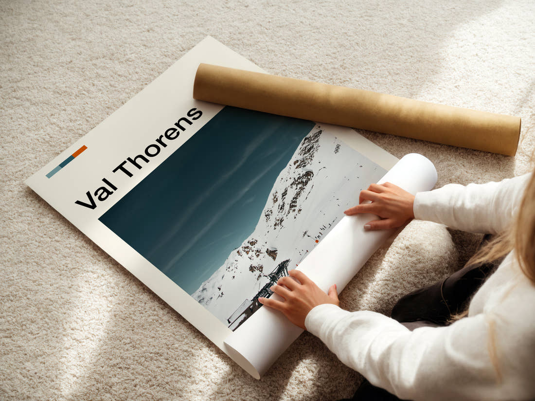 Val Thorens Skiers On The Piste Travel Print being unrolled from its postal tube